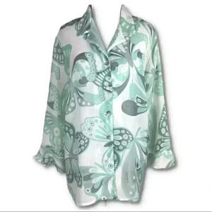 Alfred dunner top size 16 mint green white butterfly button down Y2K vintage